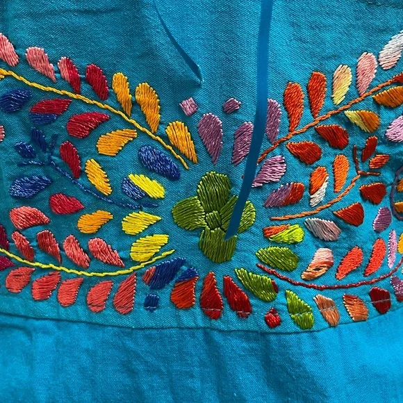 Vintage Peasant Embroidered Blue Cotton Casual Day Festival Boho Dress Small